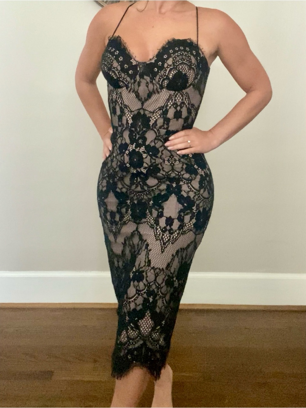 Black lace midi dress, date night, cocktail dress, formal guest, or photo shoot